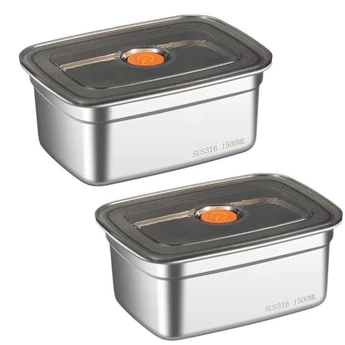 SOLIGT Marve Fridge Storage Box 1500 Ml 316 Stainless Steel Food Storage Containers | Food Grade, Leakproof Kitchen Organizer | Freshness Locking, Microwavable & Freezer Safe, Silver With Lid (2 Pcs 1500 ML) - Image 1