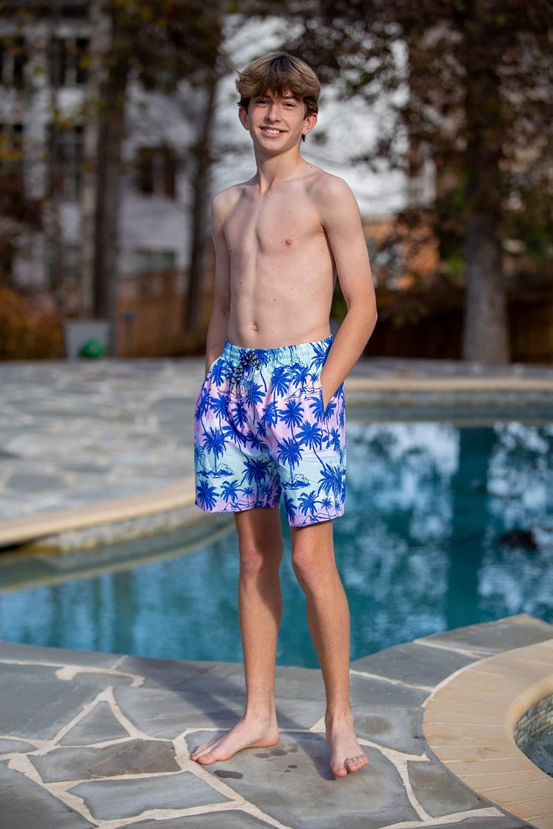 Cozople Boy's Blue Palm Tree Graphic Swimming Trunks Boxer Brief Liner Compression Anti Chafe Bathing Suit for Big Boys No Mesh Lining Beach Board Shorts with Pockets - Image 5