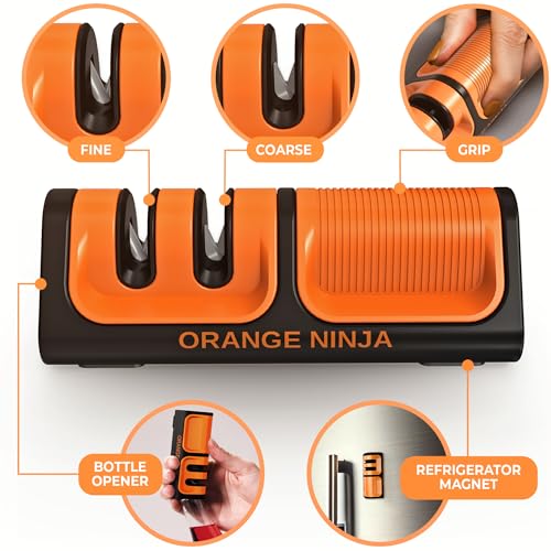 Sharp Pebble Orange Ninja Mini Knife Sharpener - Coarse & Fine Blade Sharpener, Sharpening System- Knife Sharpeners for Kitchen Knives, Pocket Kitchen Knives Sharpeners with Bottle Opener & Fridge Attachment - Image 2