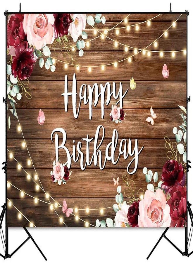 Sensfun 7x5ft Rustic Wood Pink Floral Happy Birthday Backdrop Burgundy Watercolor Flowers Butterfly Wooden Floor Girls Women Photo Background Banner Decorations Cake Table Supplies Photoshoot Props - Image 4
