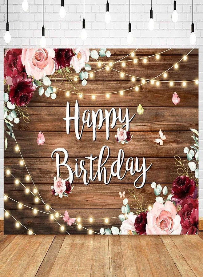 Sensfun 7x5ft Rustic Wood Pink Floral Happy Birthday Backdrop Burgundy Watercolor Flowers Butterfly Wooden Floor Girls Women Photo Background Banner Decorations Cake Table Supplies Photoshoot Props - Image 1