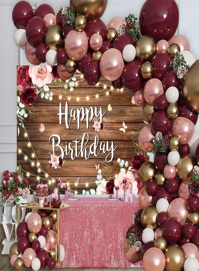 Sensfun 7x5ft Rustic Wood Pink Floral Happy Birthday Backdrop Burgundy Watercolor Flowers Butterfly Wooden Floor Girls Women Photo Background Banner Decorations Cake Table Supplies Photoshoot Props - Image 3