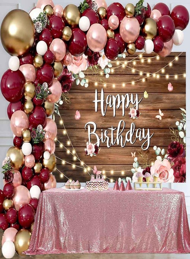 Sensfun 7x5ft Rustic Wood Pink Floral Happy Birthday Backdrop Burgundy Watercolor Flowers Butterfly Wooden Floor Girls Women Photo Background Banner Decorations Cake Table Supplies Photoshoot Props - Image 2