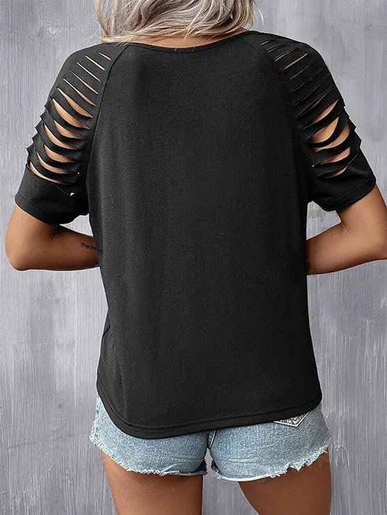Yuaelria Rock Band T-Shirt for Women V-Neck Country Music Short Sleeved Shirt Retro Nashville Guitar Graphic Hollowed Tee Tops (Medium,B-Black) - Image 4