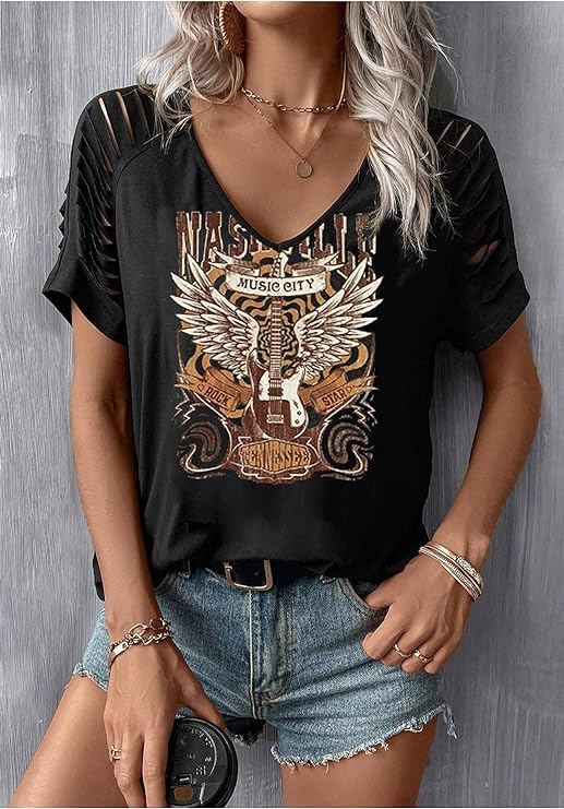 Yuaelria Rock Band T-Shirt for Women V-Neck Country Music Short Sleeved Shirt Retro Nashville Guitar Graphic Hollowed Tee Tops (Medium,B-Black) - Image 3