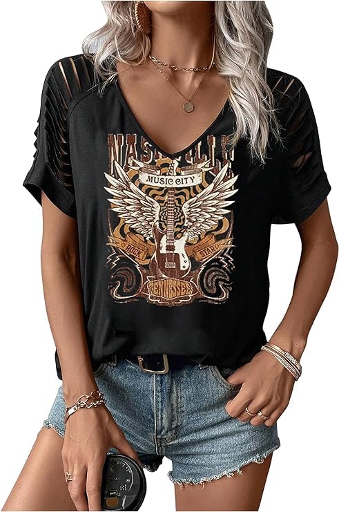 Yuaelria Rock Band T-Shirt for Women V-Neck Country Music Short Sleeved Shirt Retro Nashville Guitar Graphic Hollowed Tee Tops (Medium,B-Black) - Image 1