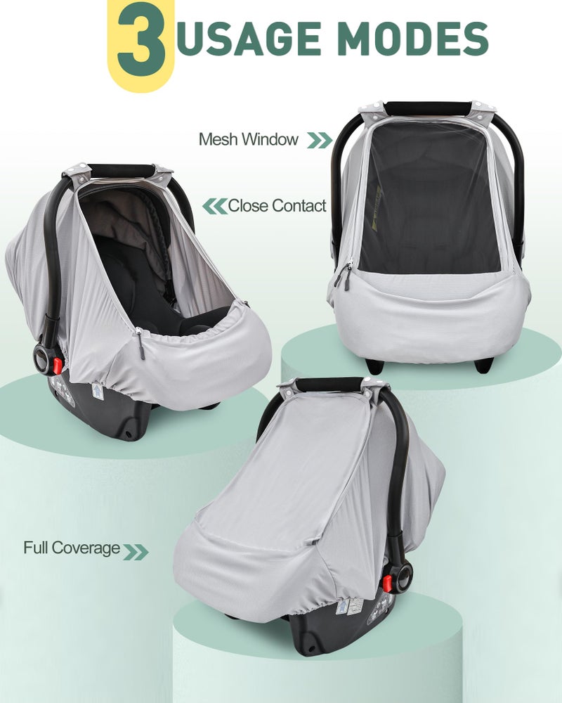 beatoutou Baby Car Seat Cover,Sunproof Car Seat Canopy for Babies, Extra Large Mesh Window Baby Car Seat Sun Shade Cover,Infant Carseat Covers for Summer/Autumn Use(Gray) - Image 2