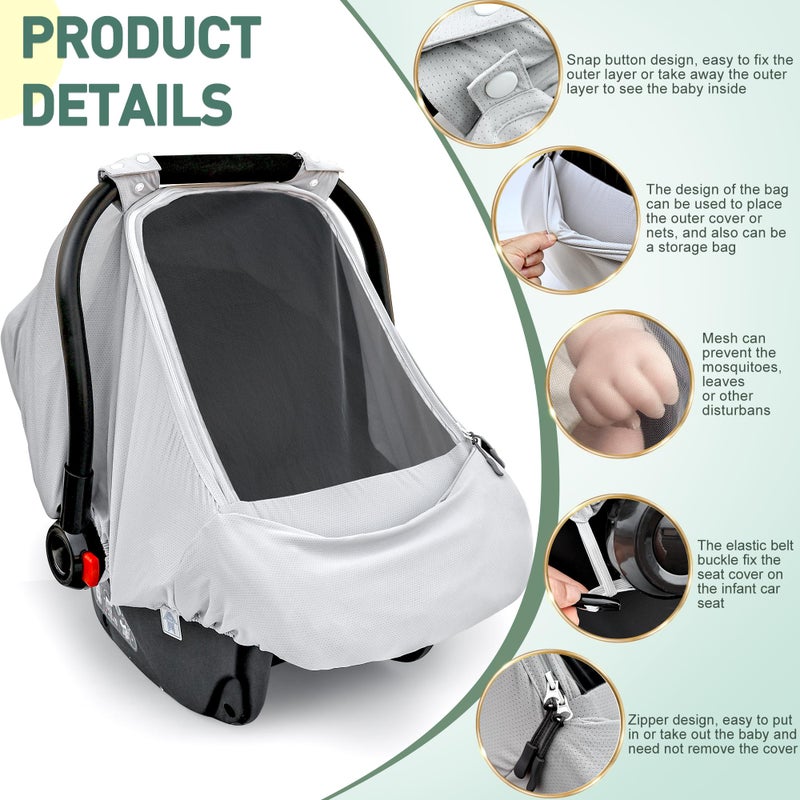 beatoutou Baby Car Seat Cover,Sunproof Car Seat Canopy for Babies, Extra Large Mesh Window Baby Car Seat Sun Shade Cover,Infant Carseat Covers for Summer/Autumn Use(Gray) - Image 4