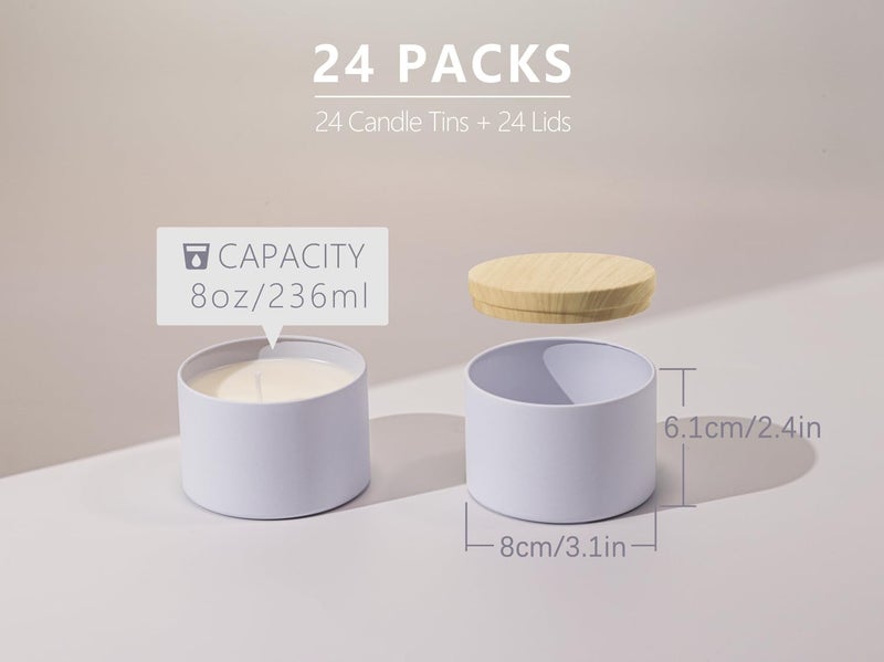 Aroparc Candle Tins 8oz with Lids, 24 Pack Seamless Candle Containers for Candle Making Supplies Empty Candle Jars - Wood Grain Lids White Tins - Image 2