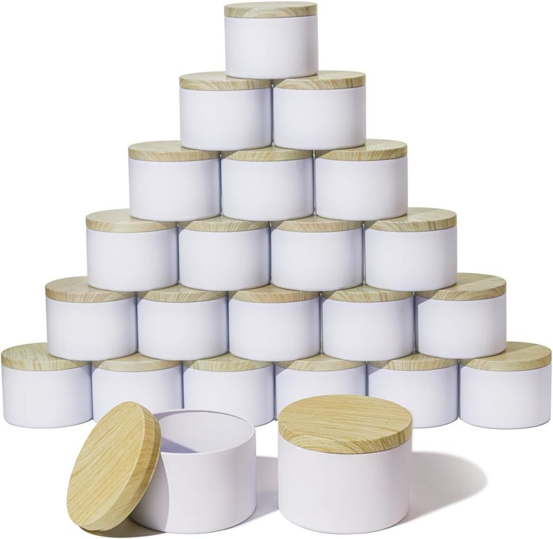 Aroparc Candle Tins 8oz with Lids, 24 Pack Seamless Candle Containers for Candle Making Supplies Empty Candle Jars - Wood Grain Lids White Tins - Image 1