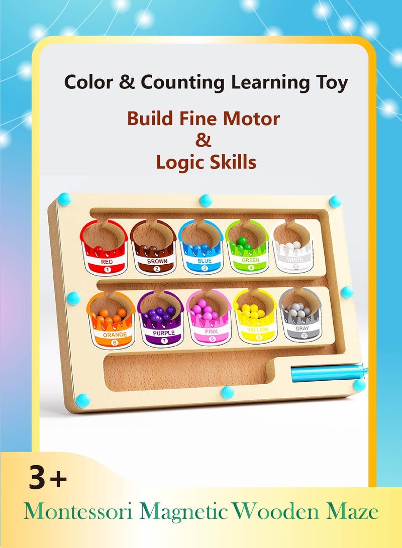 لعبة المتاهة المغناطيسية - لوح العد الخشبي مونتيسوري للأطفال 3 4 5 سنوات | لتنمية المهارات الحسابية، المهارات الحركية الدقيقة والتعرف على الألوان | عصا مغناطيسية آمنة، ألعاب تعليمية للأطفال الصغار - Image 1