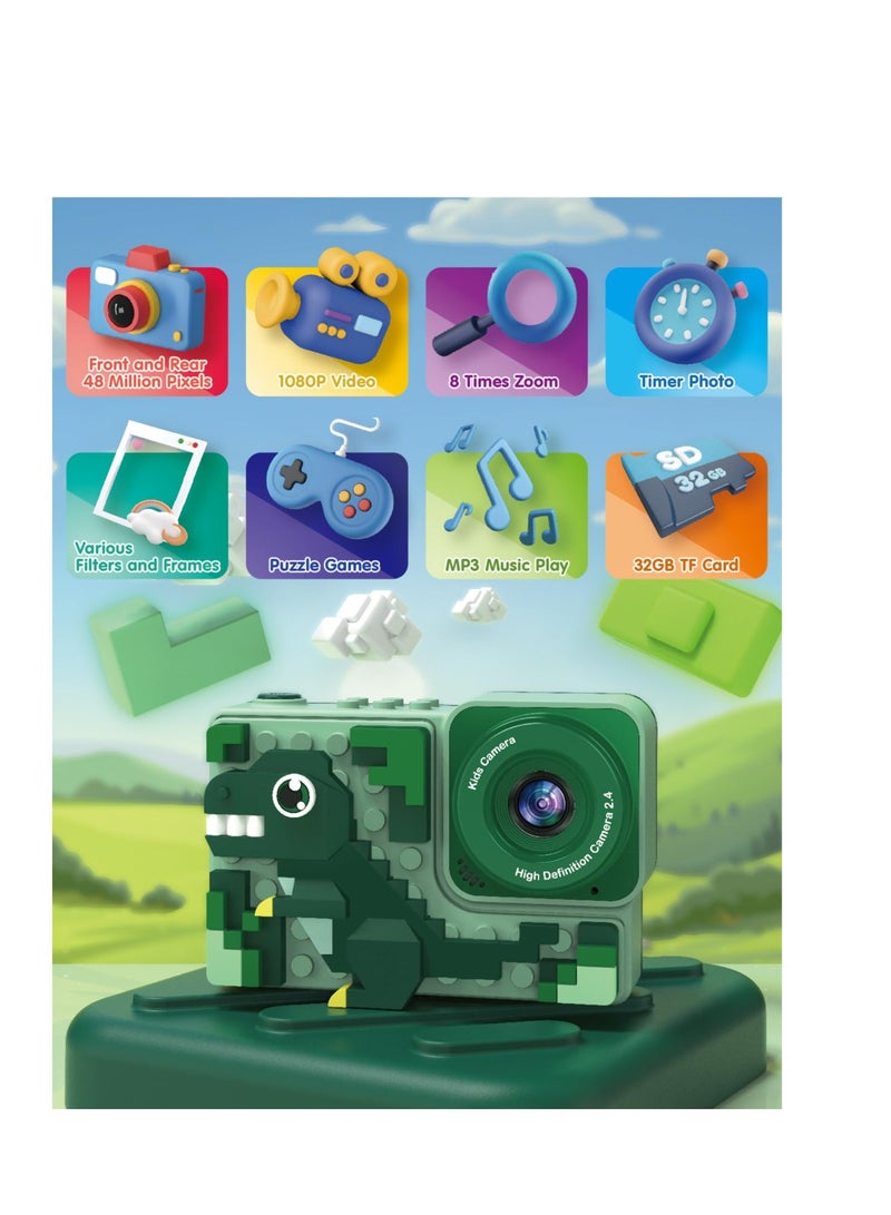 SYOSI Kids Camera, Kids Digital Camera, Cartoon Dinosaurs Toddler Camera, New Building Block Kids Cameras Birthday Gifts, Childrens Camera for Toddlers Age 3-9, Green - Image 2