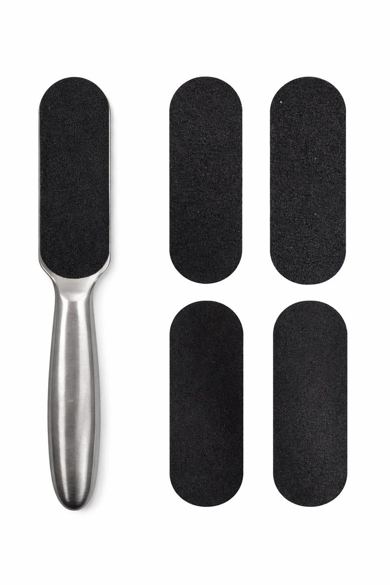 Pedicure Foot File and Callus Remover for Hard Skin, Stainless Steel Foot Rasp with 4 Replacement Grit Pads, Double-Sided Feet Scrubber for Wet or Dry Use, Home and Salon Foot Care Tool
