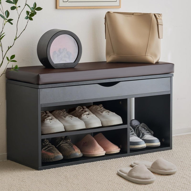 Apicizon Entryway Bench with Shoe Storage Black 2Tier Shoe Rack Padded Cushion Wooden Frame