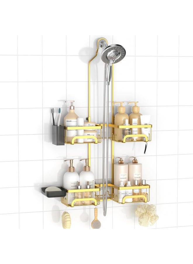 REINHARDT Shower Caddy Hanging for Handheld Showerheads Adjustable Split Shower Caddy, Rustproof Shower Organizer with Hooks for Razors Over the Head Caddy with Soap Holder Bathroom Accessories, Gold - Image 1