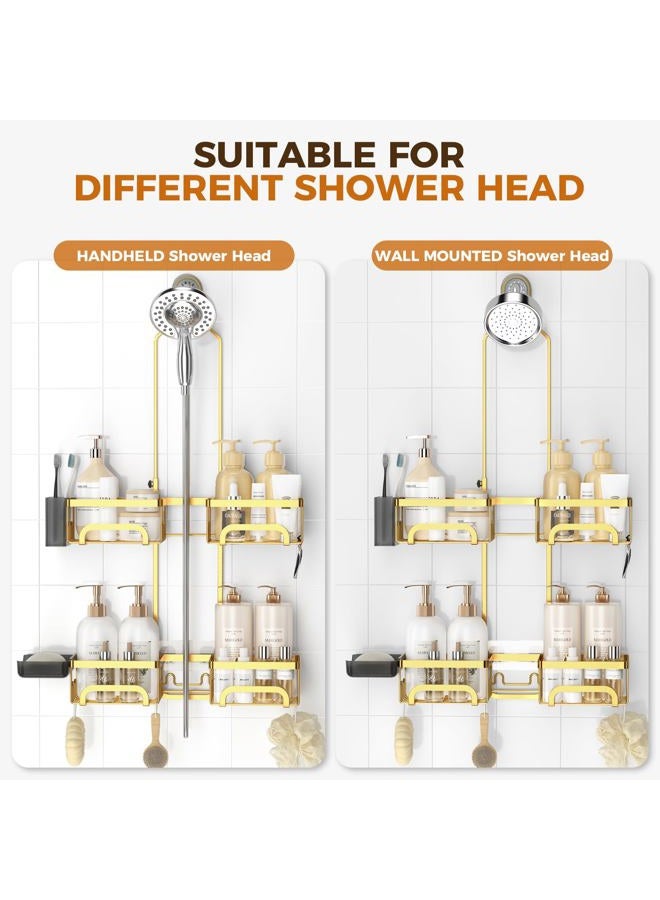 REINHARDT Shower Caddy Hanging for Handheld Showerheads Adjustable Split Shower Caddy, Rustproof Shower Organizer with Hooks for Razors Over the Head Caddy with Soap Holder Bathroom Accessories, Gold - Image 3