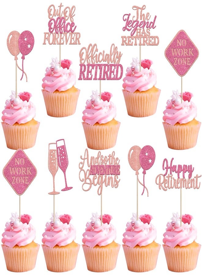 Rsstarxi 24 Pack Happy Retirement Cupcake Toppers Adventure Begins Officially Retired Cupcake Picks No Work Zone Retirement Party Decorations for Farewell Birthday Party Cake Decorations Pink Rose - Image 1
