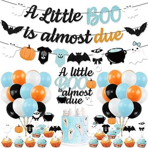 K KUMEED Blue Halloween Baby Shower Decorations A Little Boo is Almost Due BannerCute Ghost Bat Pumpkin Cake Topper and Latex Balloons for kids Halloween Boo Baby Shower Party Supplies - Image 1