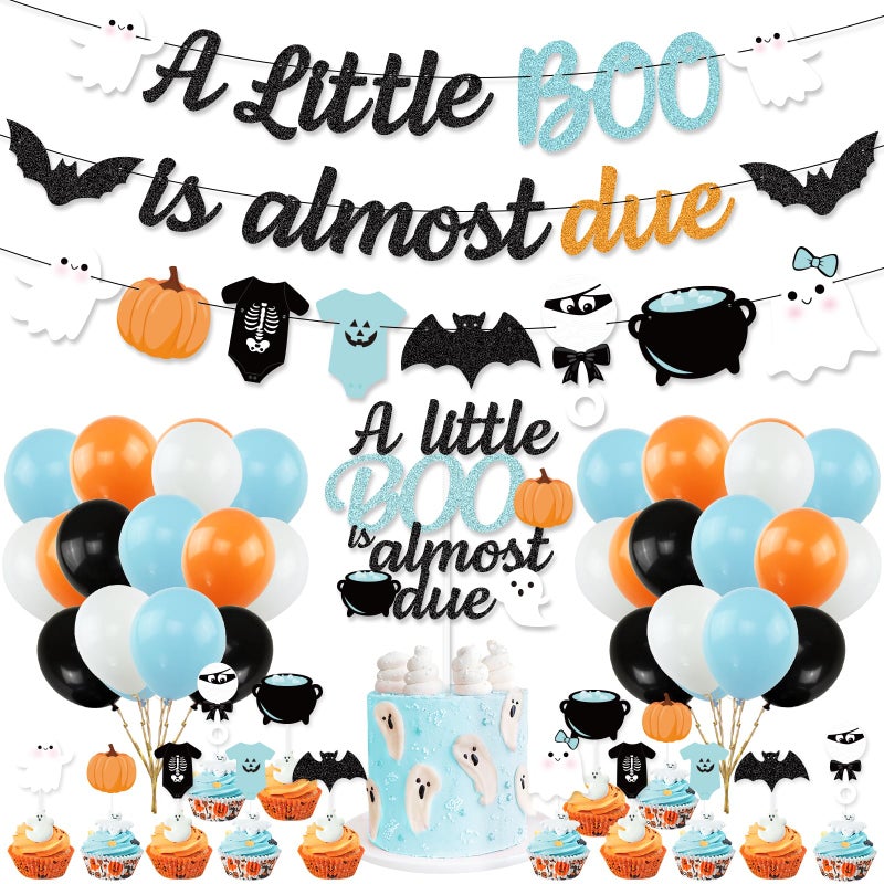 K KUMEED Blue Halloween Baby Shower Decorations A Little Boo is Almost Due BannerCute Ghost Bat Pumpkin Cake Topper and Latex Balloons for kids Halloween Boo Baby Shower Party Supplies - Image 2