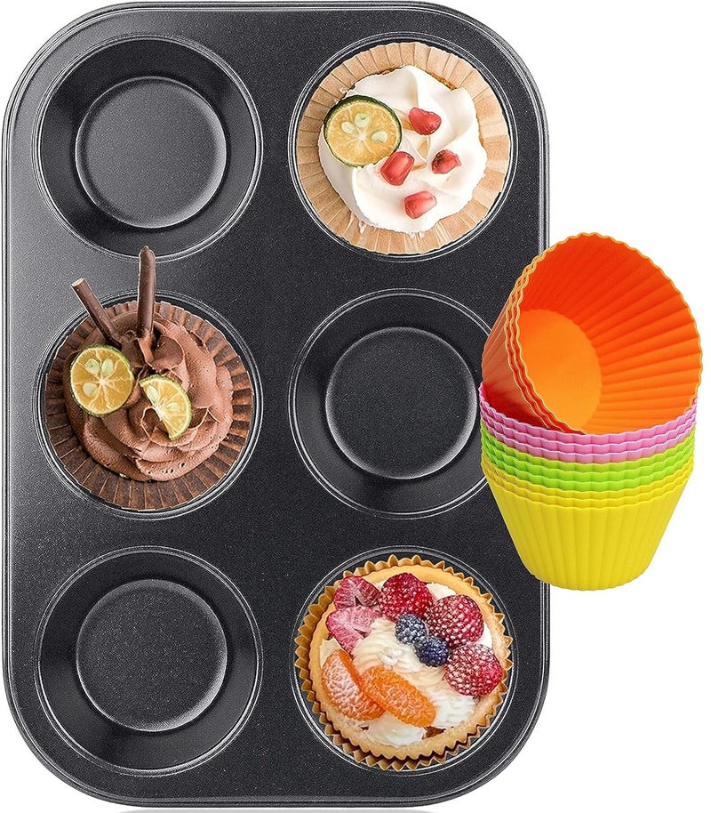 Bake House Nonstick Aluminum 6 Cavity Muffin Tray with 12 Pieces Silicon Cupcake Muffin - Image 1