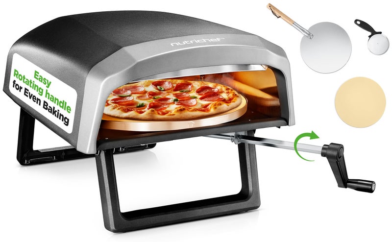 Nutrichef Outdoor Pizza Oven - Manual 360° Rotating Pizza Stone - Adjustable Heat - Includes Pizza Peel, Pizza Cutter, Stone, Cover, & Hose - Cook 12" Pizza in 60 Seconds - Long Handle - Image 1