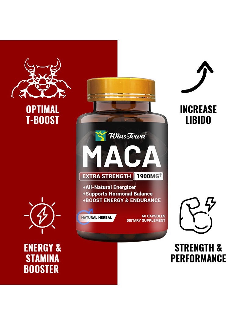 Wins Town Organic Maca Root Powder Capsules – 1900mg Potent Blend with Ashwagandha, Ginseng & Tribulus – Vegan Superfood Supplement for Men & Women, 60 Capsules  - Image 4