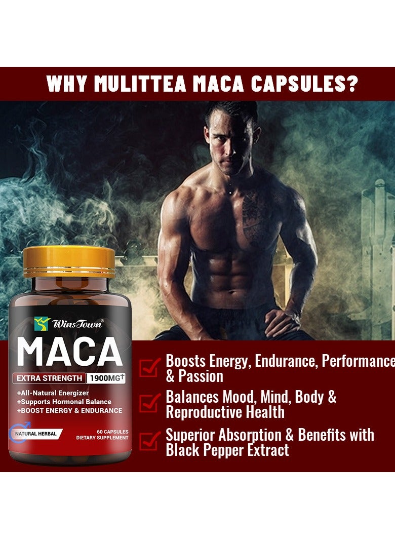 Wins Town Organic Maca Root Powder Capsules – 1900mg Potent Blend with Ashwagandha, Ginseng & Tribulus – Vegan Superfood Supplement for Men & Women, 60 Capsules  - Image 2