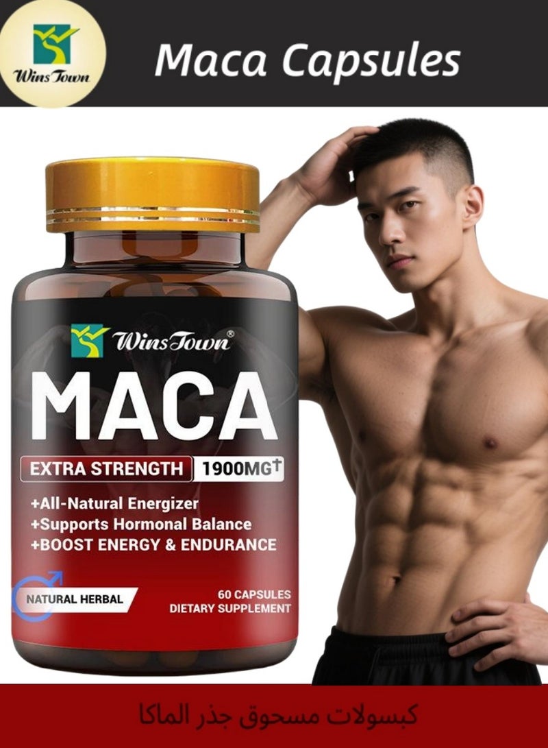 Wins Town Organic Maca Root Powder Capsules – 1900mg Potent Blend with Ashwagandha, Ginseng & Tribulus – Vegan Superfood Supplement for Men & Women, 60 Capsules  - Image 1