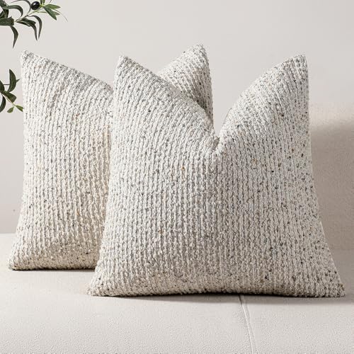 DEZENE Striped Throw Pillow Covers 18x18 Set of 2 Cream Grey Textured Boucle Chic Morden Boho Accent Farmhouse Square Decorative Couch Pillow Covers for Home Decor Bed Sofa Living Room