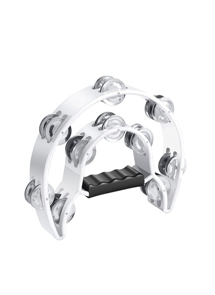 Megarya Megarya Tambourine Metal Half Moon Musical Instruments Double Row Metal Jingles Hand Held Instruments Percussion with Ergonomic Handle Grip, Tambourines for Adults Church, White  - Image 1