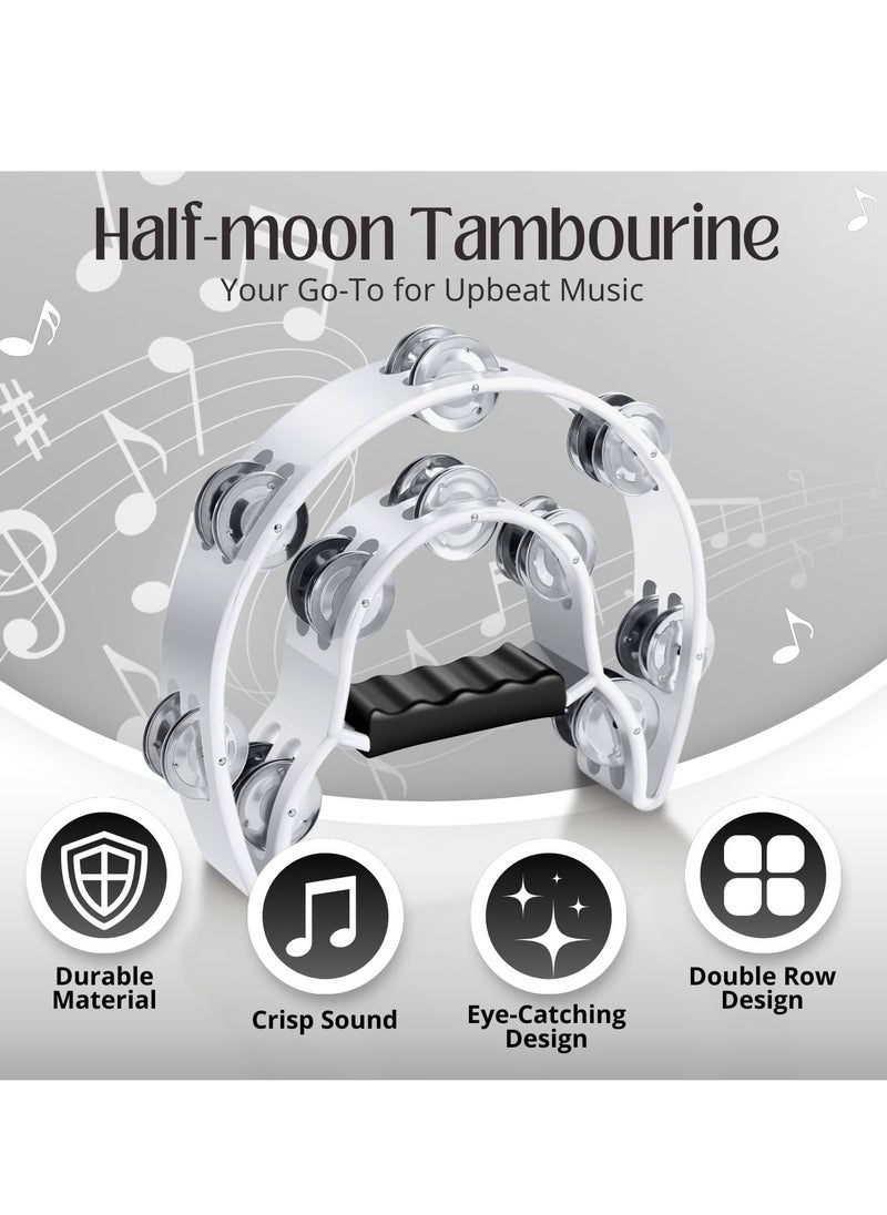 Megarya Megarya Tambourine Metal Half Moon Musical Instruments Double Row Metal Jingles Hand Held Instruments Percussion with Ergonomic Handle Grip, Tambourines for Adults Church, White  - Image 3