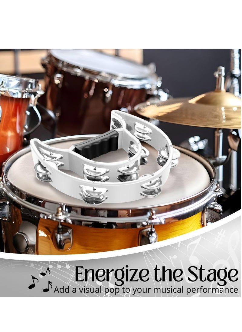 Megarya Megarya Tambourine Metal Half Moon Musical Instruments Double Row Metal Jingles Hand Held Instruments Percussion with Ergonomic Handle Grip, Tambourines for Adults Church, White  - Image 4