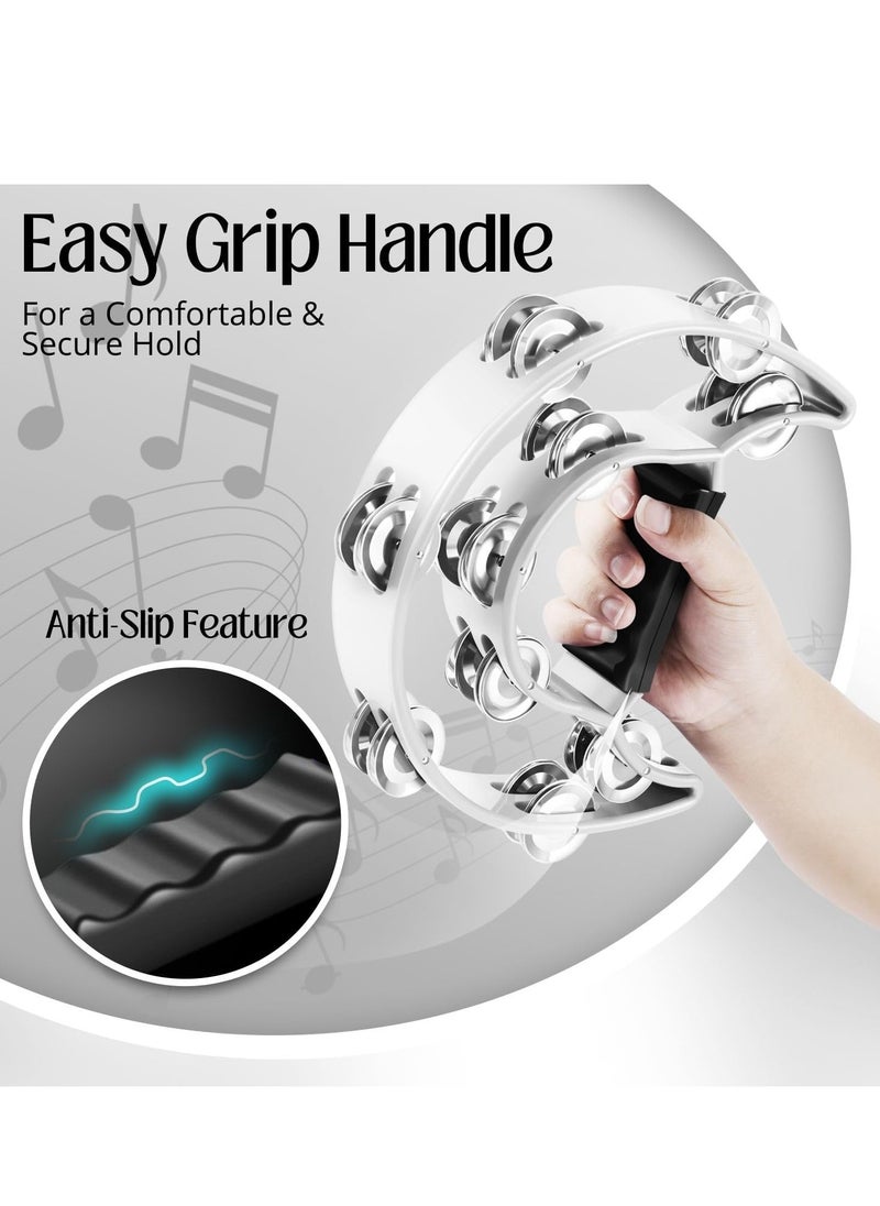 Megarya Megarya Tambourine Metal Half Moon Musical Instruments Double Row Metal Jingles Hand Held Instruments Percussion with Ergonomic Handle Grip, Tambourines for Adults Church, White  - Image 5
