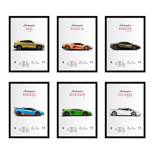 CodersParadise Lamborghini Wall Poster Frames - Pack Of 6 | 8 x 12cm (A4 Size) | Aesthetic Artwork Framed Posters | Framed Posters For Living Room, Bedroom, Home And Office - Image 2