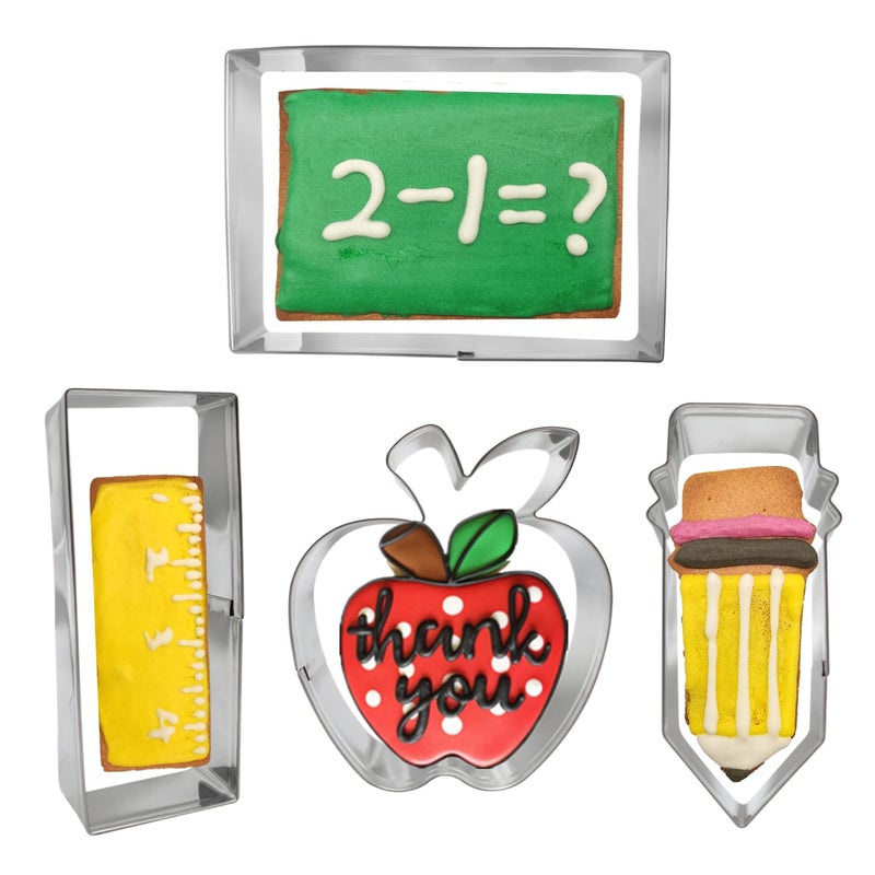 Back to School Cookie Cutters Set 4PCS Themed Shapes with Apple Pencil RulerChalkboard Stainless Steel Teacher Biscuit Cutter