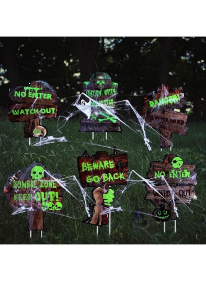 6-Piece Festival Yard Signs Outdoor Beware Warning Signs Stakes with Spider Web Glow in The Dark - Image 1