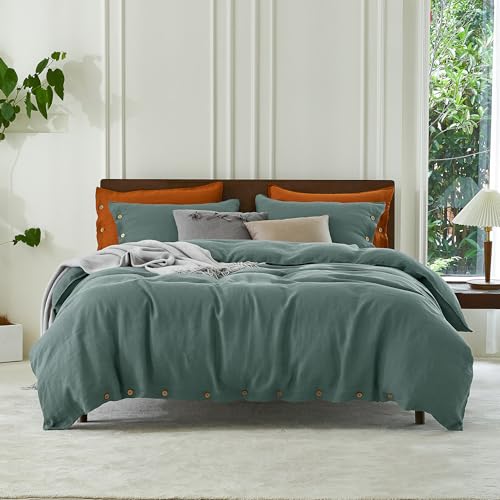 EVERLY 100% Pure Linen Duvet Cover Set Queen Size90X90Inch 3pcs (1 Duvet Cover,2 Pillowcases) Soft and Breathable for All Season with Coconut Button Closure, Suitable for Hot Sleepers-Aqua-Queen - Image 1