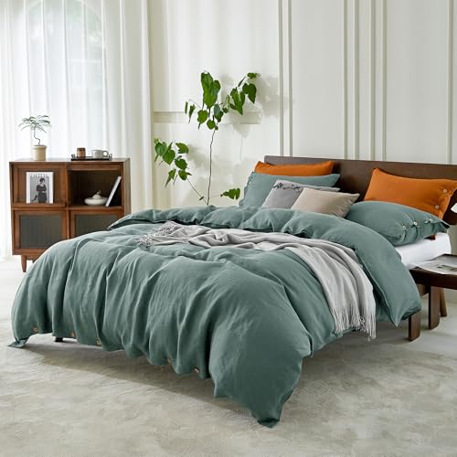EVERLY 100% Pure Linen Duvet Cover Set Queen Size90X90Inch 3pcs (1 Duvet Cover,2 Pillowcases) Soft and Breathable for All Season with Coconut Button Closure, Suitable for Hot Sleepers-Aqua-Queen - Image 2