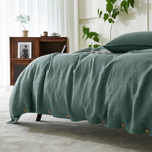 EVERLY 100% Pure Linen Duvet Cover Set Queen Size90X90Inch 3pcs (1 Duvet Cover,2 Pillowcases) Soft and Breathable for All Season with Coconut Button Closure, Suitable for Hot Sleepers-Aqua-Queen - Image 5