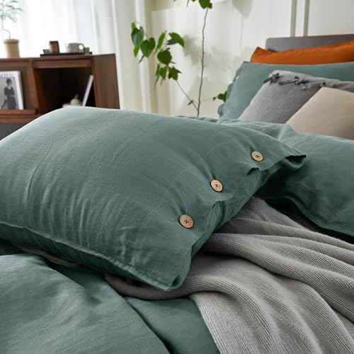 EVERLY 100% Pure Linen Duvet Cover Set Queen Size90X90Inch 3pcs (1 Duvet Cover,2 Pillowcases) Soft and Breathable for All Season with Coconut Button Closure, Suitable for Hot Sleepers-Aqua-Queen - Image 3