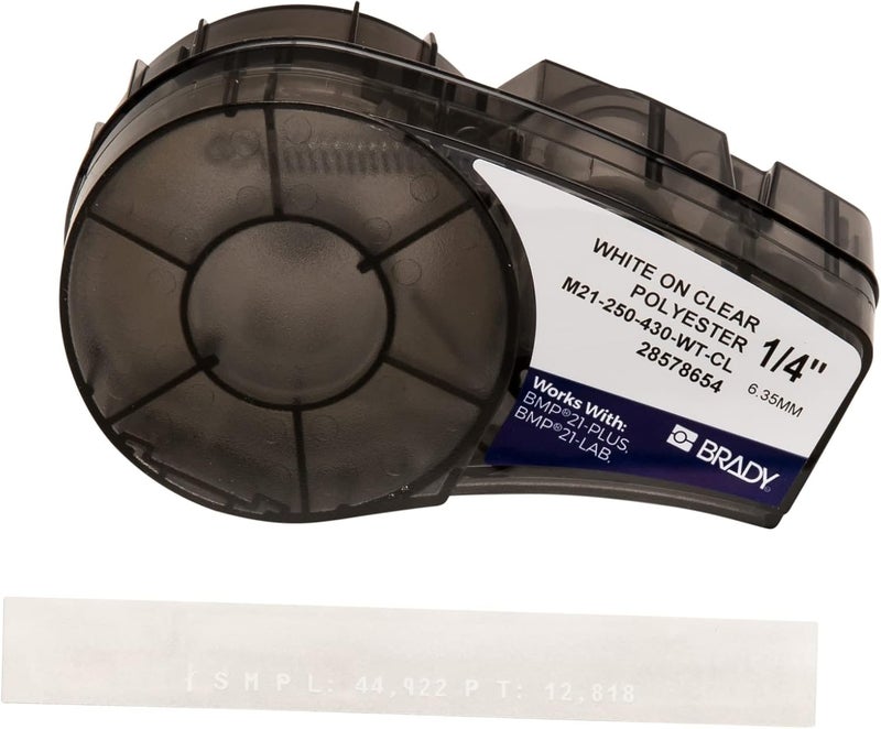 Brady Authentic (M21-250-430-WT-CL) Harsh Environment Polyester Label for Lab, Asset Tracking and Datacom, White on Clear- For M210, M210-LAB, M211, BMP21-PLUS and BMP21-LAB Printers, 0.25" W 21' L - Image 1