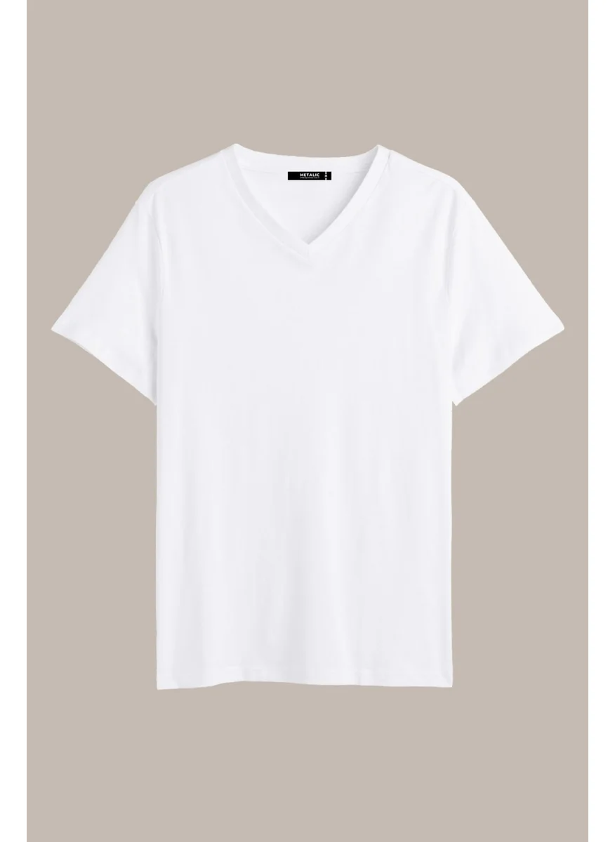 mmetalic Men's White Slim Fit Cotton Short Sleeve V-Neck T-Shirt