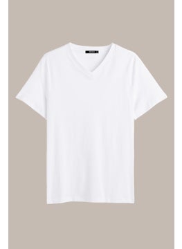 mmetalic Men's White Slim Fit Cotton Short Sleeve V-Neck T-Shirt  - Image 1
