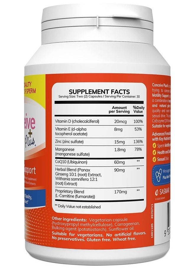 Conceive Plus - Motility Male Fertility Supplement – Sperm Count Booster + Zinc, Ginseng, Q10, Vitamin D, Antioxidants, 60 Capsules, 30 Day Supply - Image 1