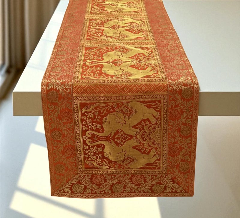 Silk Elephant Orange Table Runner Fall Decor for Dining Table Coffee Table Kitchen Decor Ethnic Home Decor Table Cloth Runner 60x16 Inches