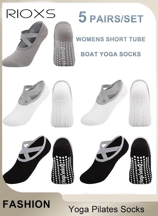 RIOXS 5 Pairs Yoga Socks For Women Non-Slip Grips & Straps Non Slip Socks For Yoga Pilates Ideal For Pilates Ballet Dance Barefoot Workout  - Image 1