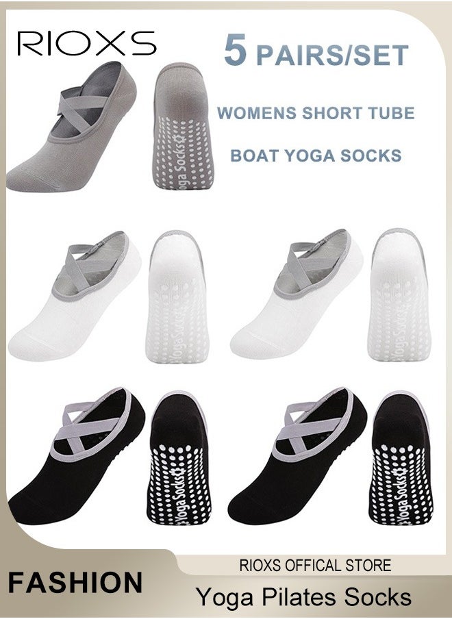 RIOXS 5 Pairs Yoga Socks For Women Non-Slip Grips & Straps Non Slip Socks For Yoga Pilates Ideal For Pilates Ballet Dance Barefoot Workout  - Image 1