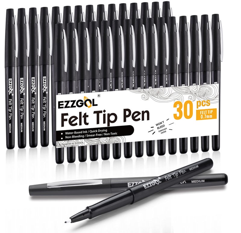 Ezzgol Black Felt Tip Pens, 30 Pack, 0.7mm Premium Medium Fine Point, Felt Tip Markers For Writing, Journal, Planner Coloring, Note Taking, Drawing, Art, School - Image 1