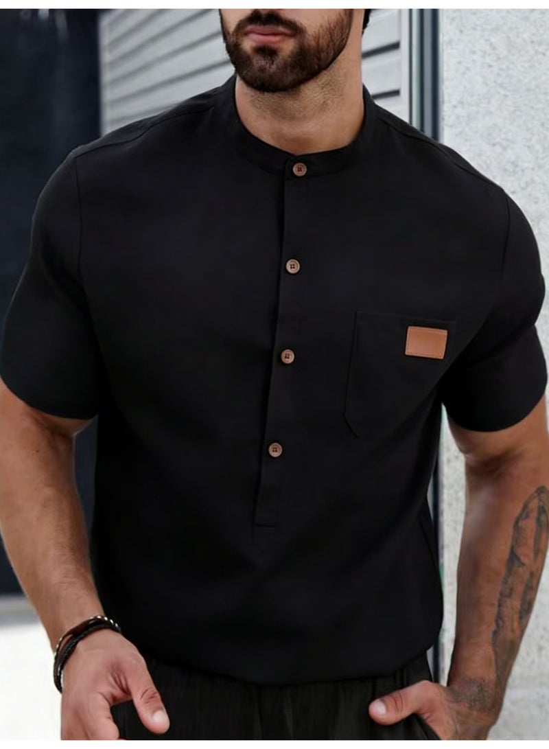 Men's Black Mandarin Collar Shirt Short Sleeve Button Up Casual Summer Shirt - Image 3