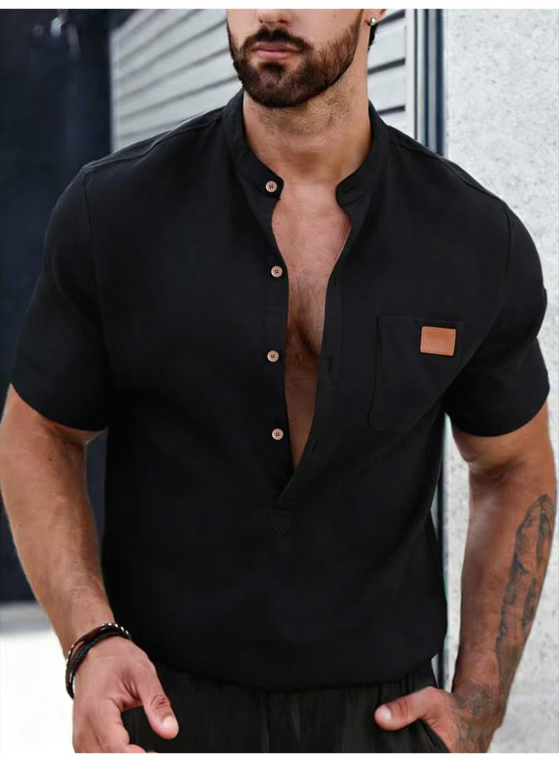 Men's Black Mandarin Collar Shirt Short Sleeve Button Up Casual Summer Shirt - Image 1